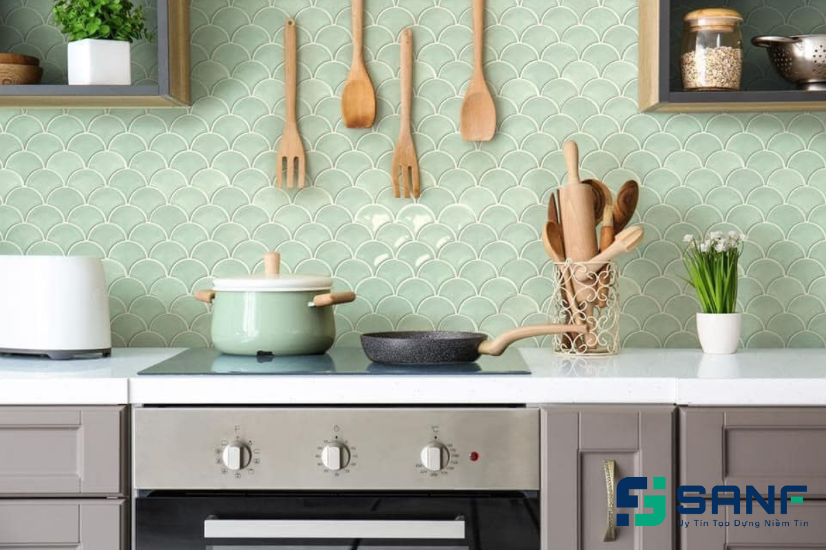 Gạch mosaic ốp tường bếp màu xanh cốm đẹp mắt